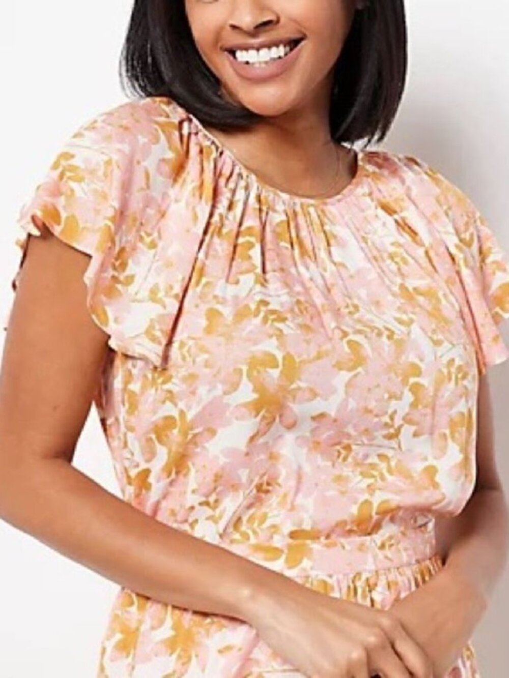 Candace Cameron Bure Printed Tulip Sleeve Bow Back Blouse